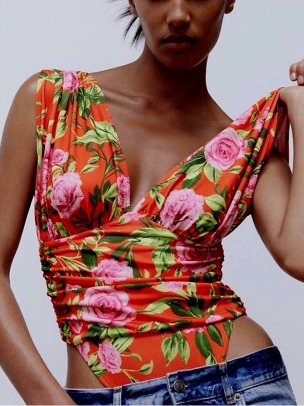 Floral Flower Tropical Ruched Draped Bodysuit